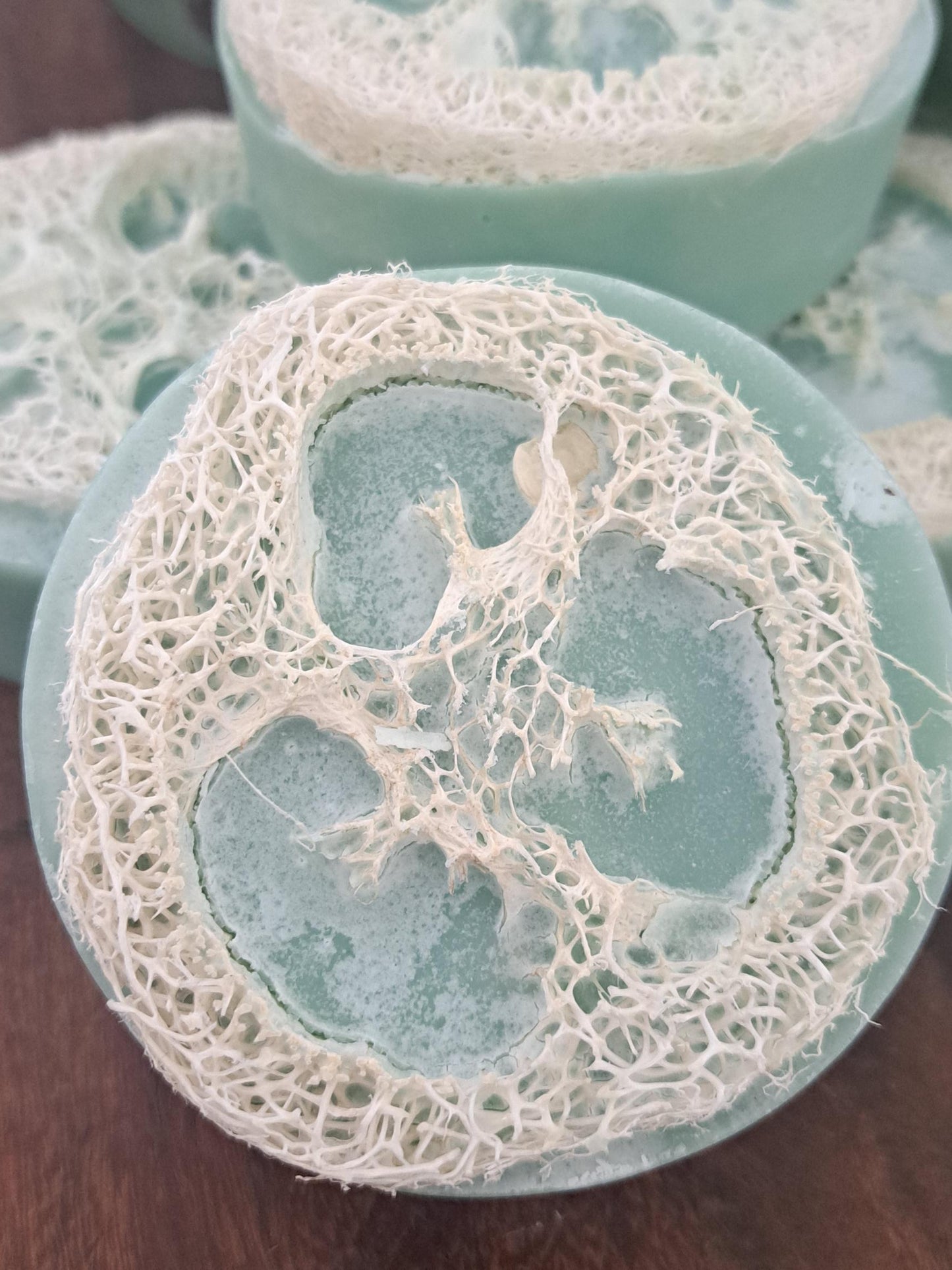 Lupus Rex Australian Handmade green loofah soaps scent profile Rosemary, Peppermint and Spearmint close up