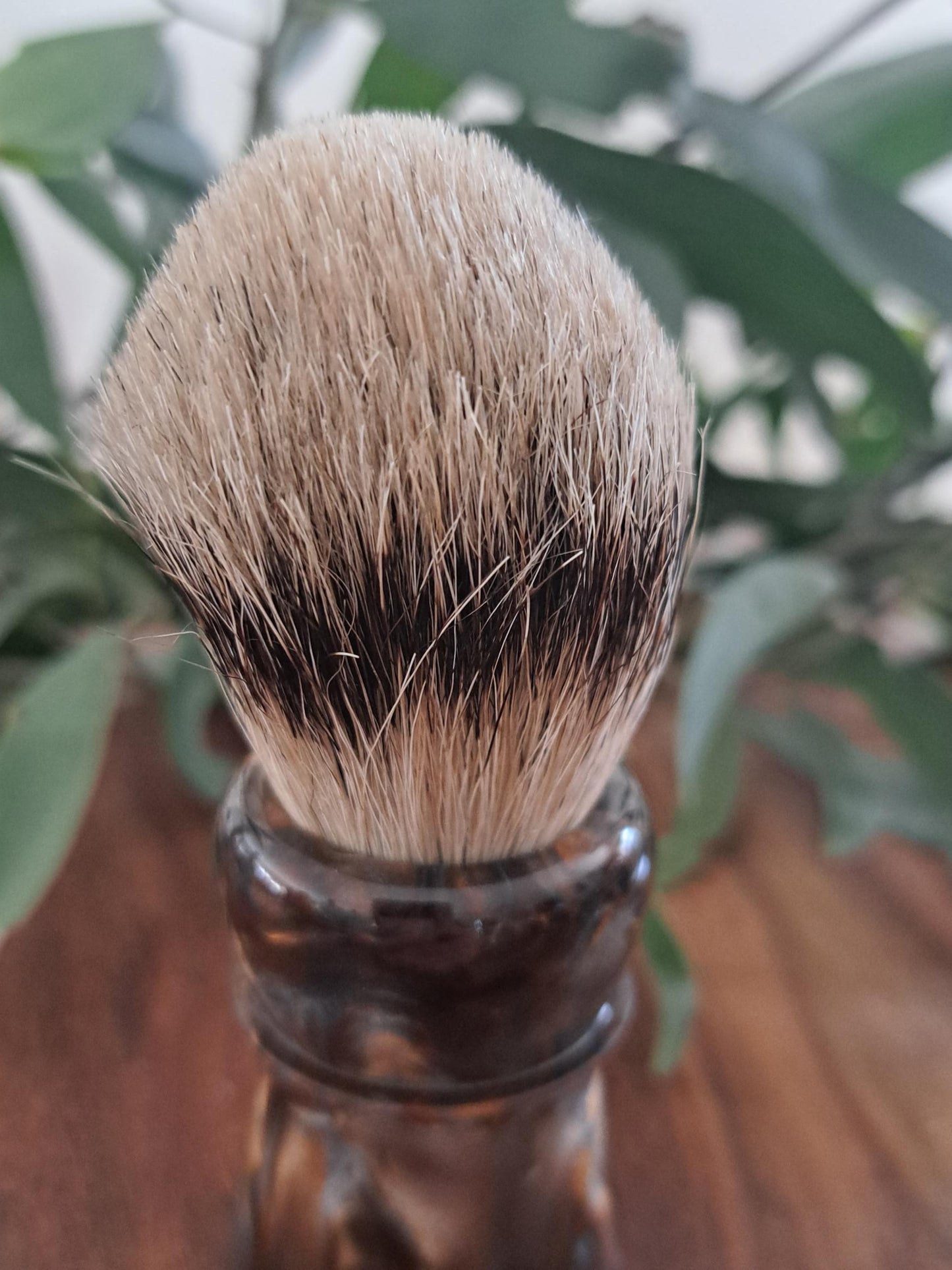 Australian handcrafted from Lupus Rex shaving brush Swordsmith with a copper and silver coloured swirl resin handle and a badger knot