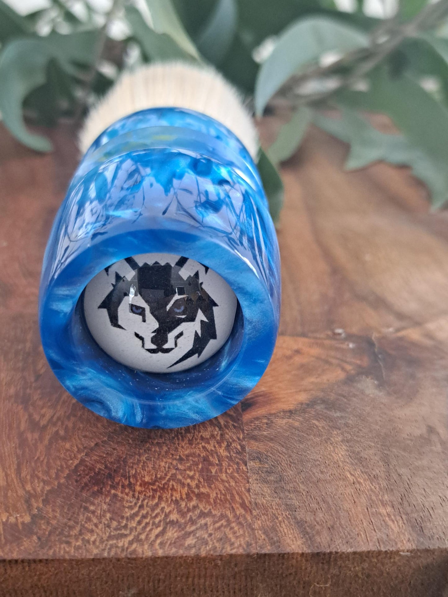 Lady of the Lake shaving brush from Lupus Rex Australian handcrafted blue coloured resin handle with synthetic knot