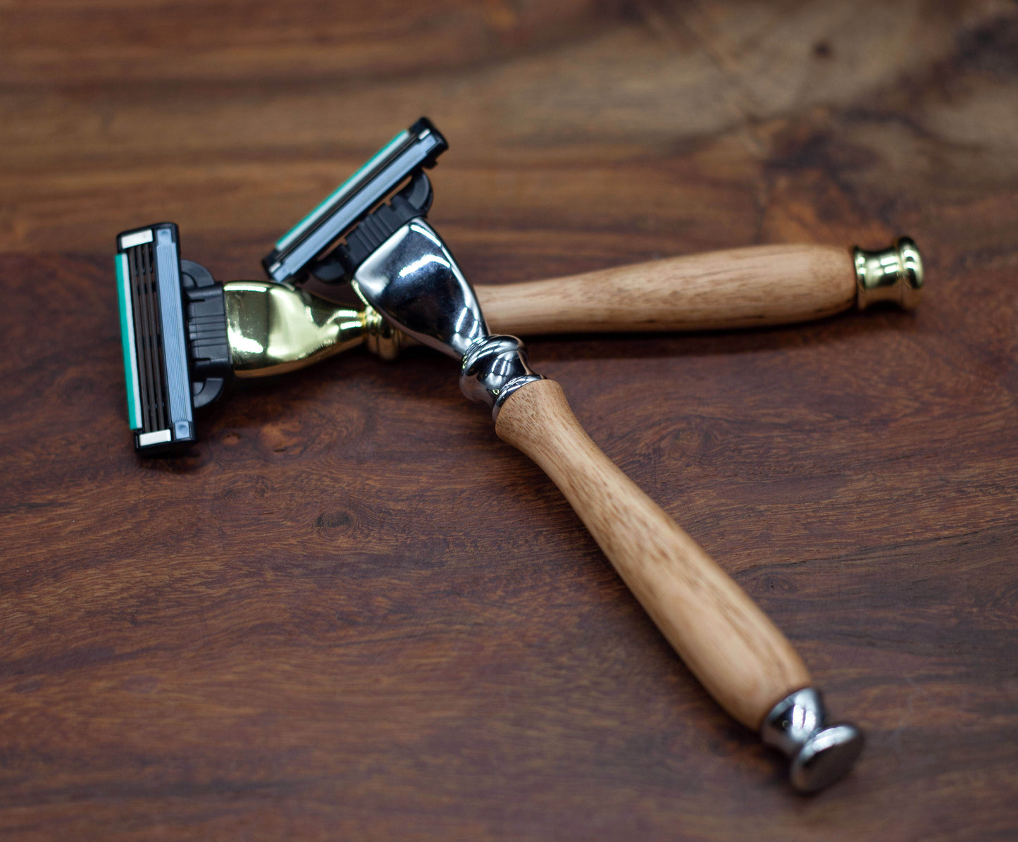 Australian handcrafted timber handle razors in either gold or chrome coloured fittings with changeable Gillette Mach III blade head