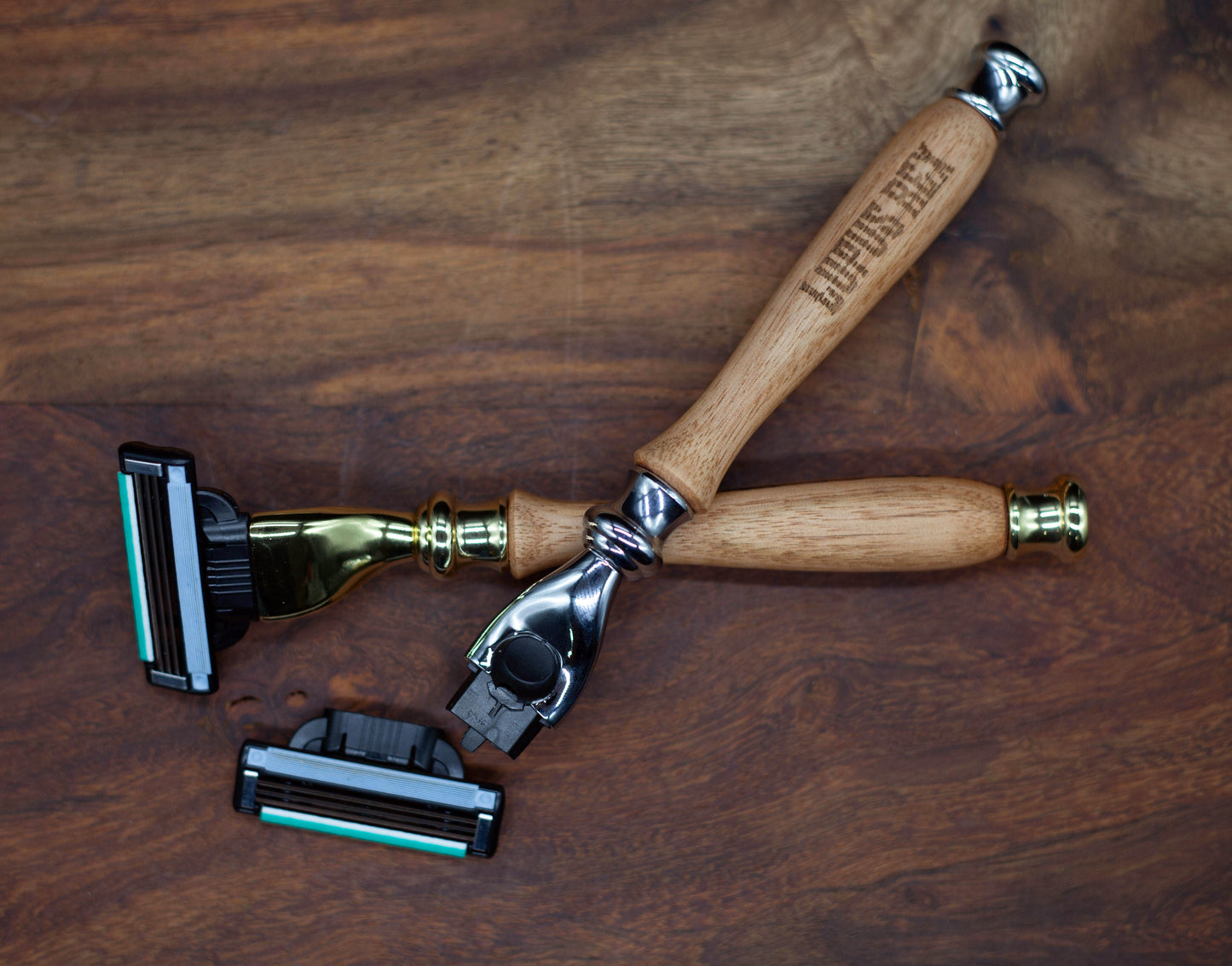Australian handcrafted timber handle razors in either gold or chrome coloured fittings with changeable Gillette Mach III blade head