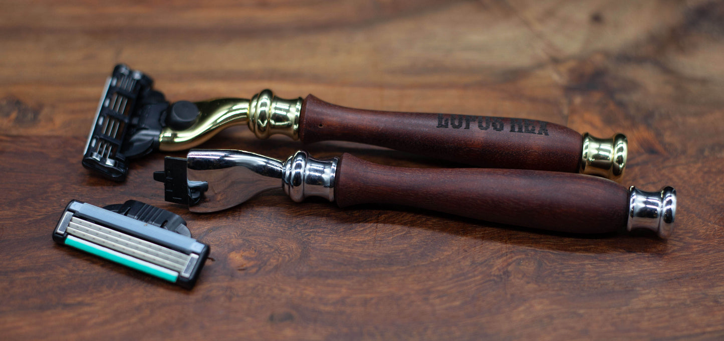 Australian handcrafted timber handle razors in either gold or chrome coloured fittings with changeable Gillette Mach III blade head