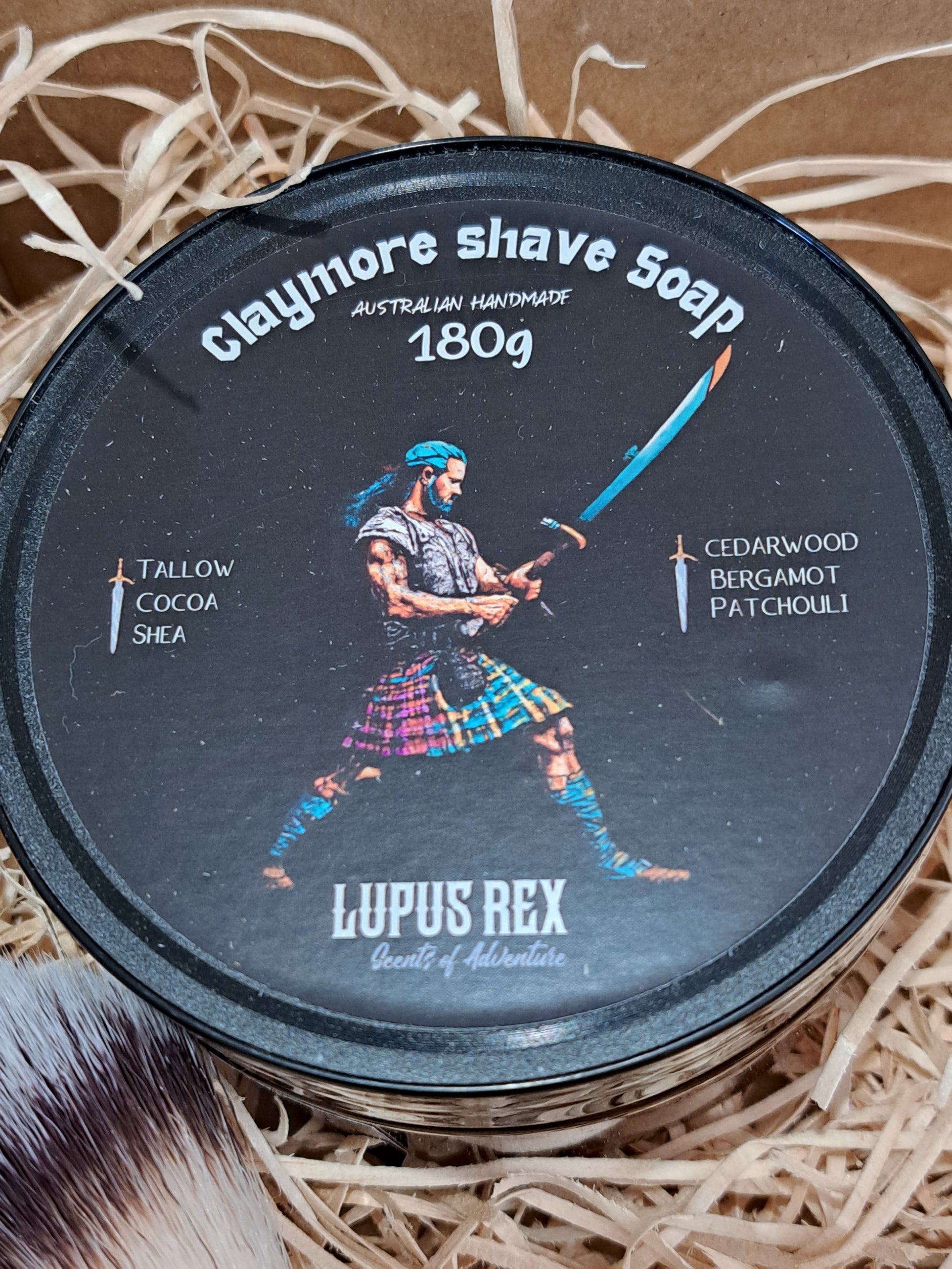 The Claymore tallow based shaving soap 180gm inside  the La Buse Gift Box