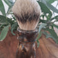 Australian handcrafted from Lupus Rex shaving brush Swordsmith with a copper and silver coloured swirl resin handle and a badger knot