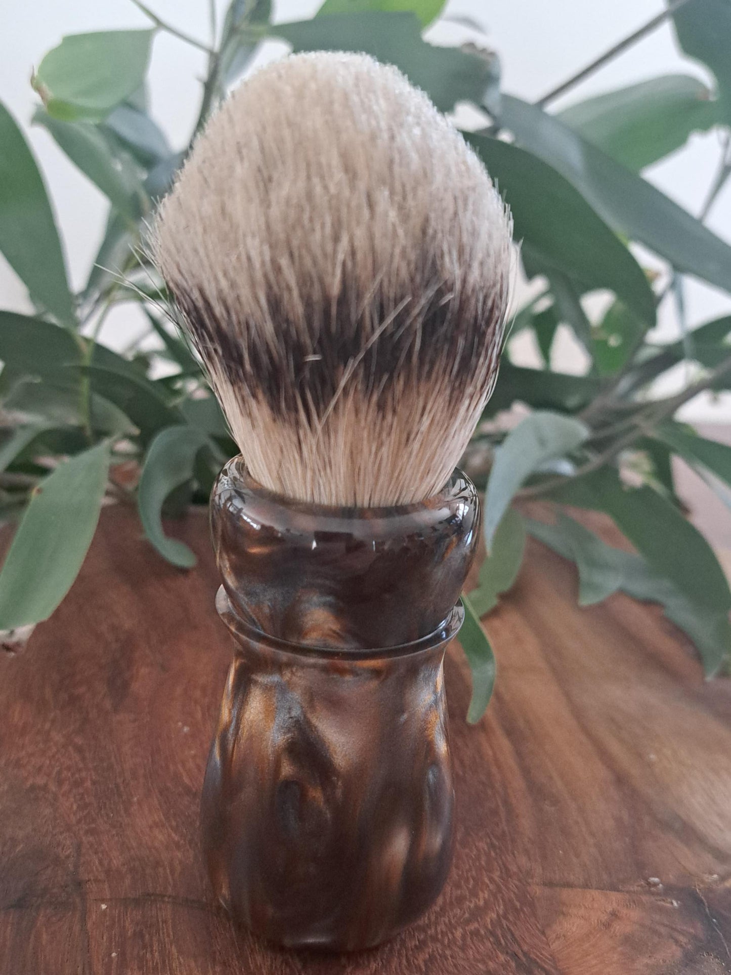 Australian handcrafted from Lupus Rex shaving brush Swordsmith with a copper and silver coloured swirl resin handle and a badger knot