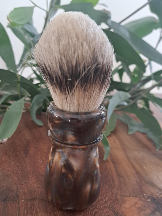 Australian handcrafted from Lupus Rex shaving brush Swordsmith with a copper and silver coloured swirl resin handle and a badger knot