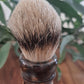 Australian handcrafted from Lupus Rex shaving brush Swordsmith with a copper and silver coloured swirl resin handle and a badger knot
