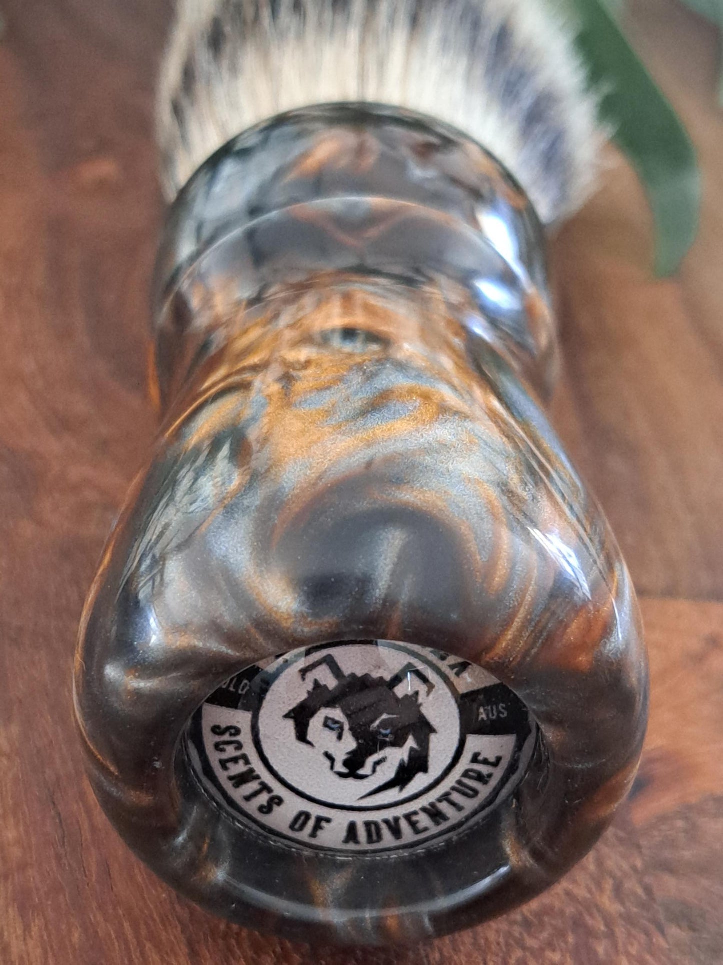 Australian handcrafted from Lupus Rex shaving brush Swordsmith with a copper and silver coloured swirl resin handle and a badger knot