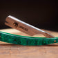 Australian handcrafted straight razor with green abalone shell scales. Lupus Rex and wolf head etched onto the blade with Handcrafted in Australia on the tang