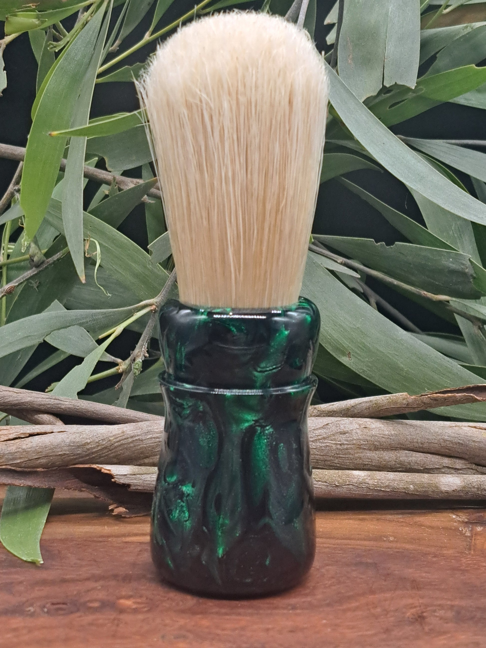 Australian handmade green and black swirl resin handle shave brush with boar hair knot from Lupus Res Scents of Adventure