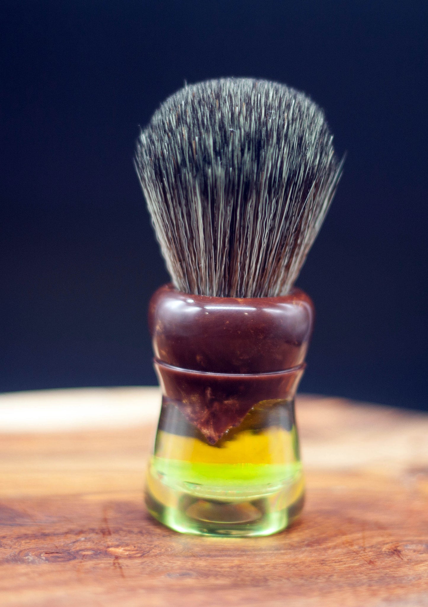 Archer shaving brush from Lupus Rex Australian handcrafted transparent yellow resin with brown faux timber resin top with synthetic knot 
