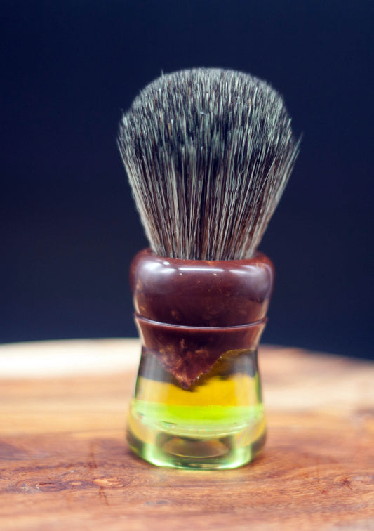 Archer shaving brush from Lupus Rex Australian handcrafted transparent yellow resin with brown faux timber resin top with synthetic knot 