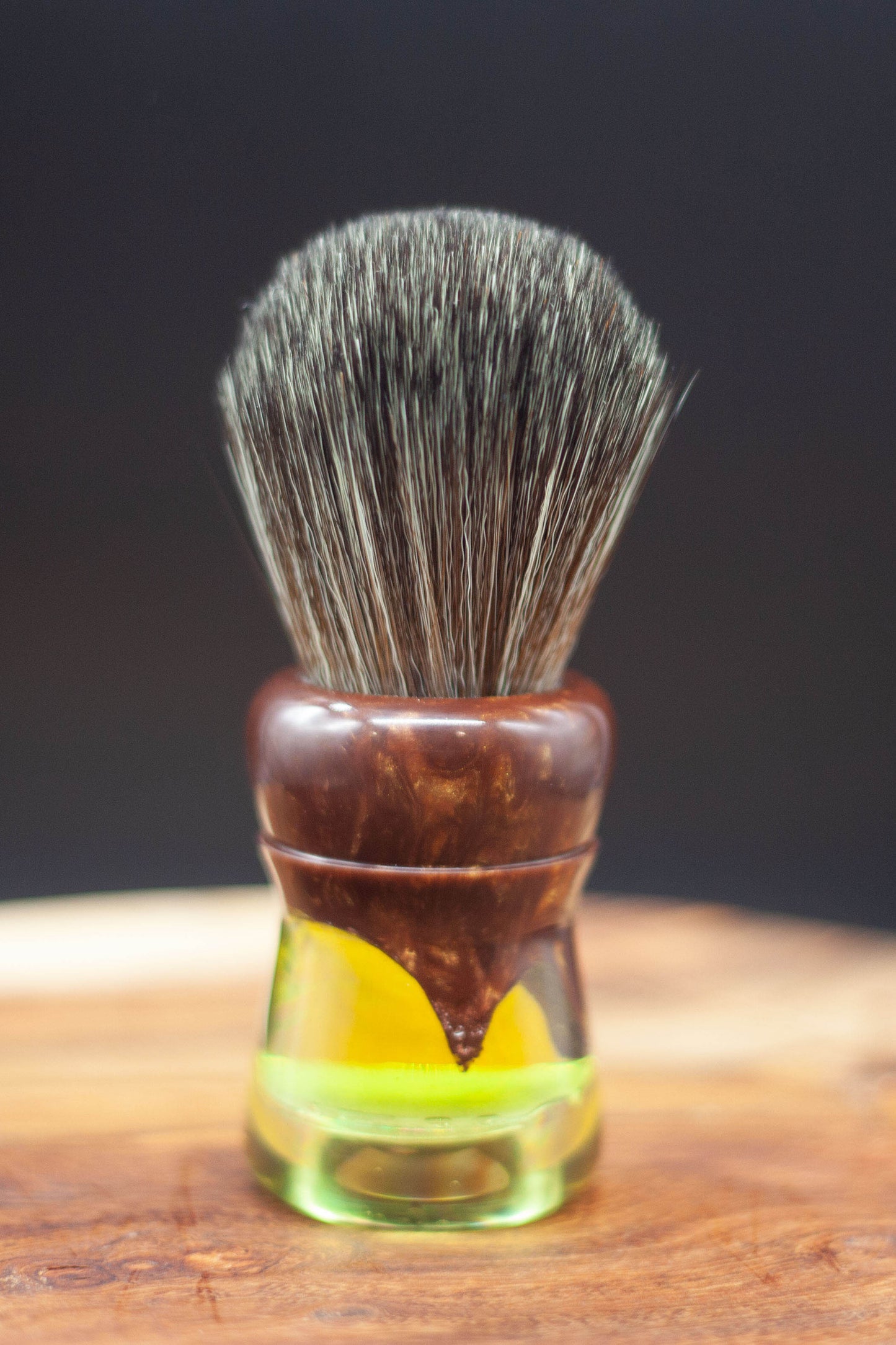 Archer shaving brush from Lupus Rex Australian handcrafted transparent yellow resin with brown faux timber resin top with synthetic knot 