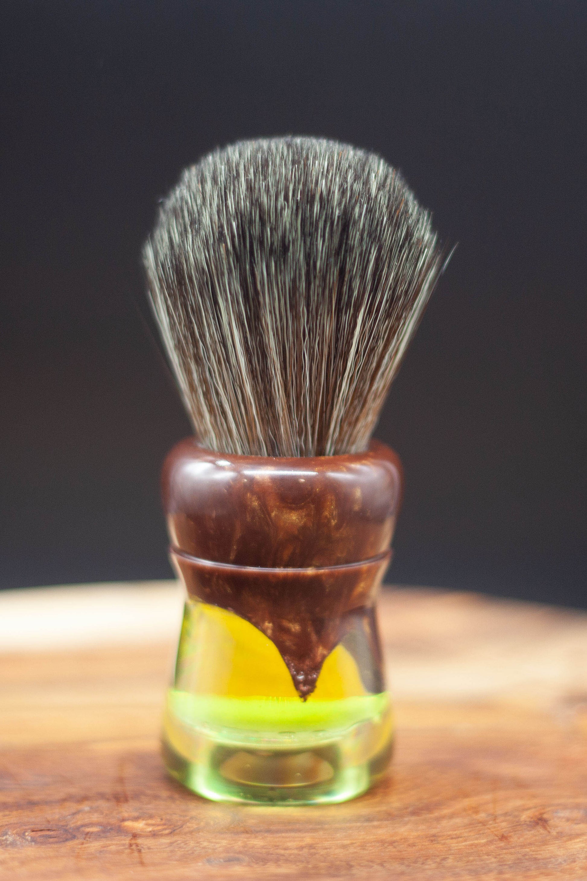 Archer shaving brush from Lupus Rex Australian handcrafted transparent yellow resin with brown faux timber resin top with synthetic knot 