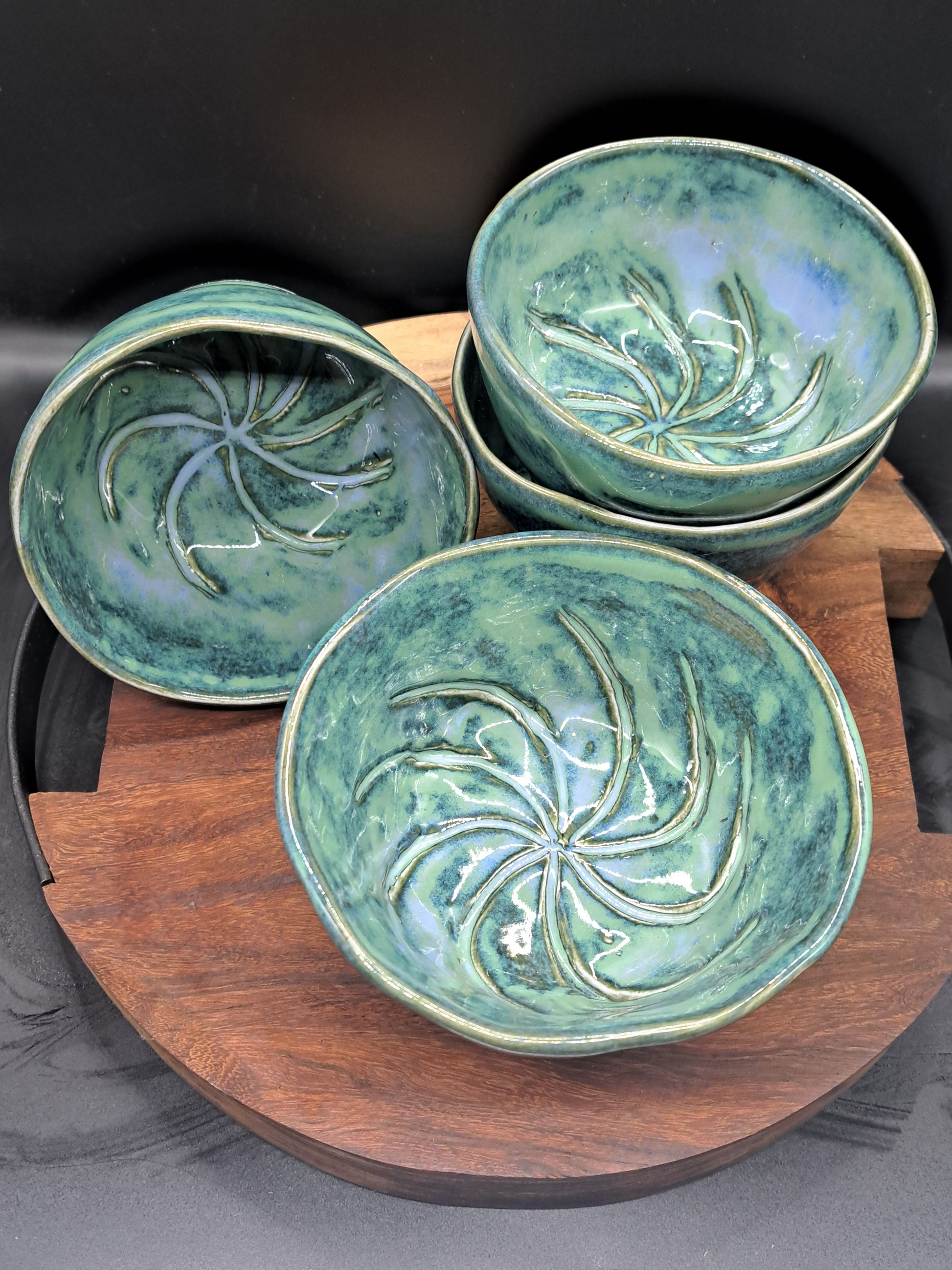 Australian handcrafted clay single wall shaving scuttles with incised swirl in bottom and a green slightly blue glaze