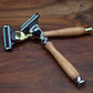 Australian handcrafted timber handle razors in either gold or chrome coloured fittings with changeable Gillette Mach III blade head