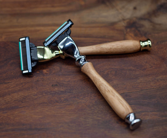 Australian handcrafted timber handle razors in either gold or chrome coloured fittings with changeable Gillette Mach III blade head