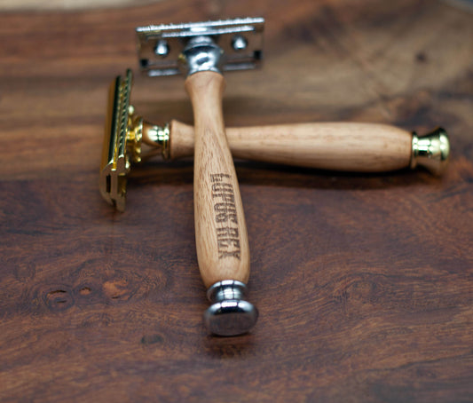 Australian handcrafted timber handled safety razor in gold or chrome coloured fittings with Lupus Rex branded on the handle