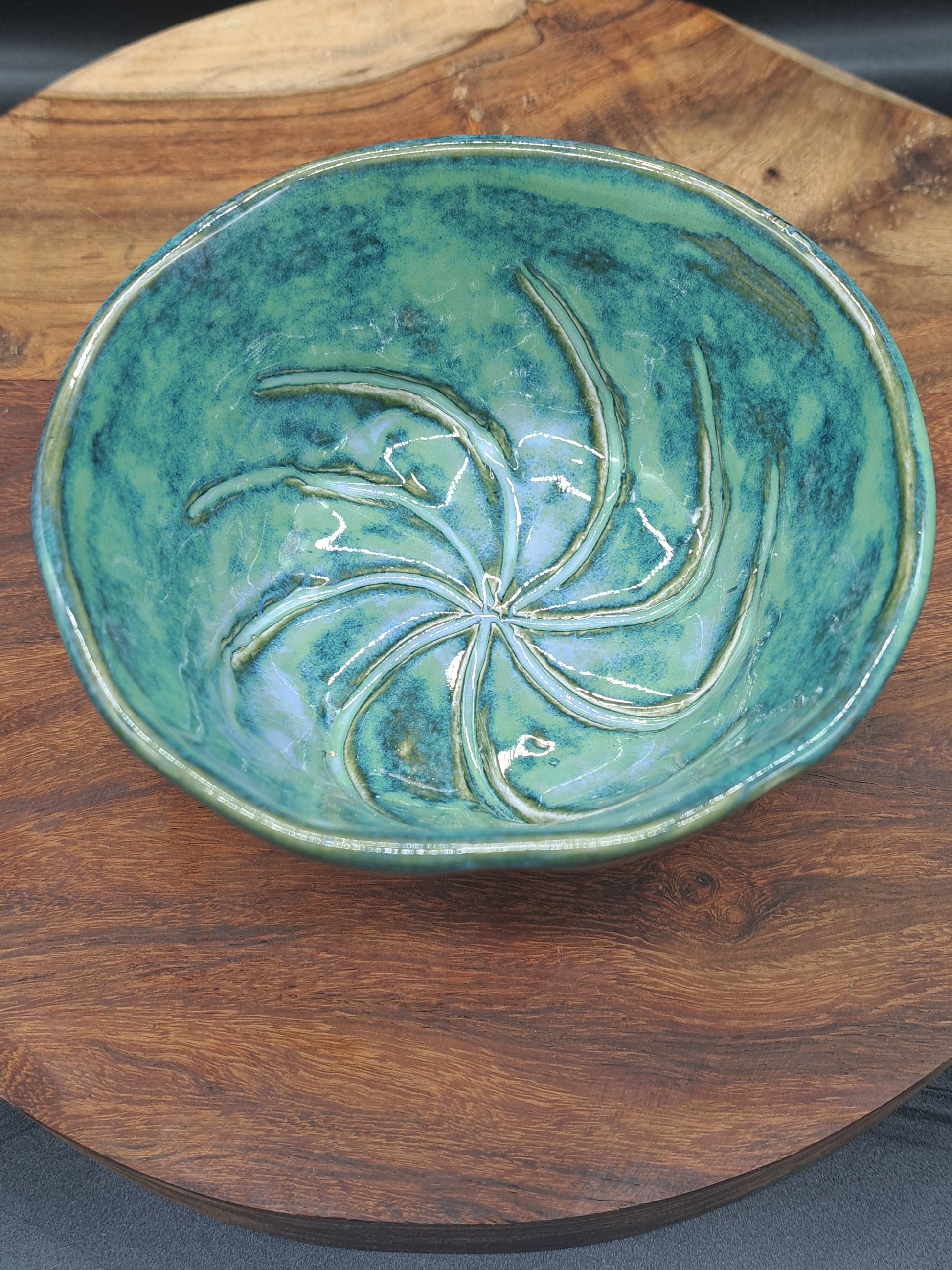 Australian handcrafted clay single wall shaving scuttle with incised swirl in bottom and a green slightly blue glaze