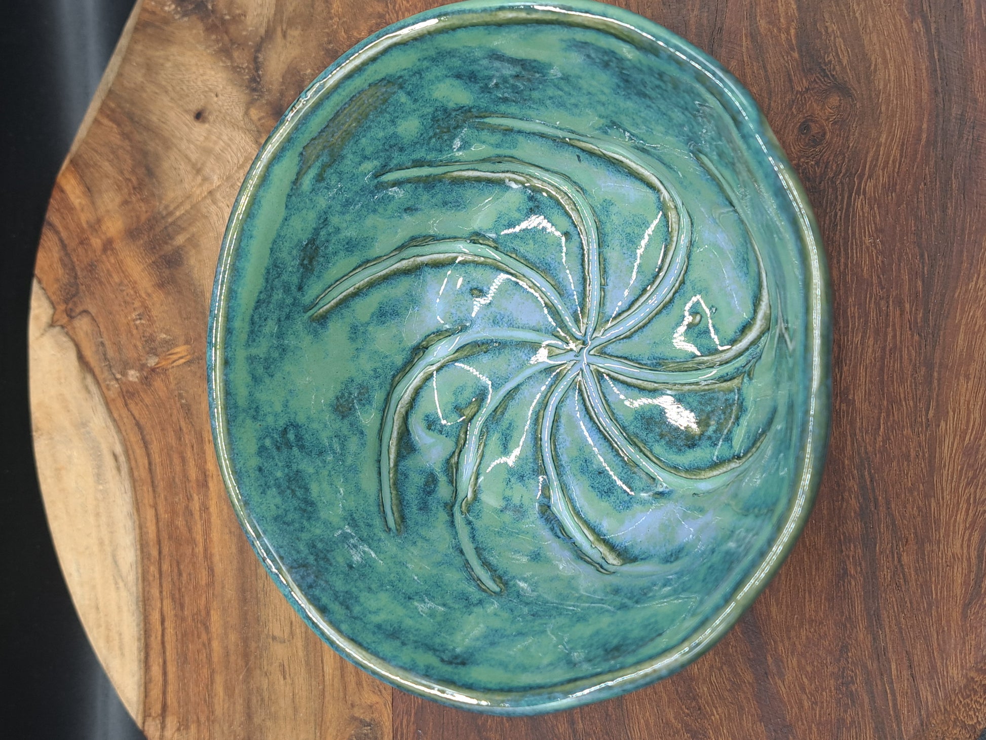 Australian handcrafted clay single wall shaving scuttle with incised swirl in bottom and a green slightly blue glaze
