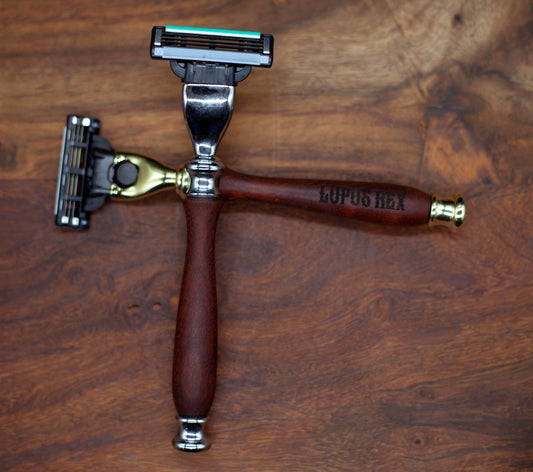 Australian handcrafted timber handle razors in either gold or chrome coloured fittings with changeable Gillette Mach III blade head