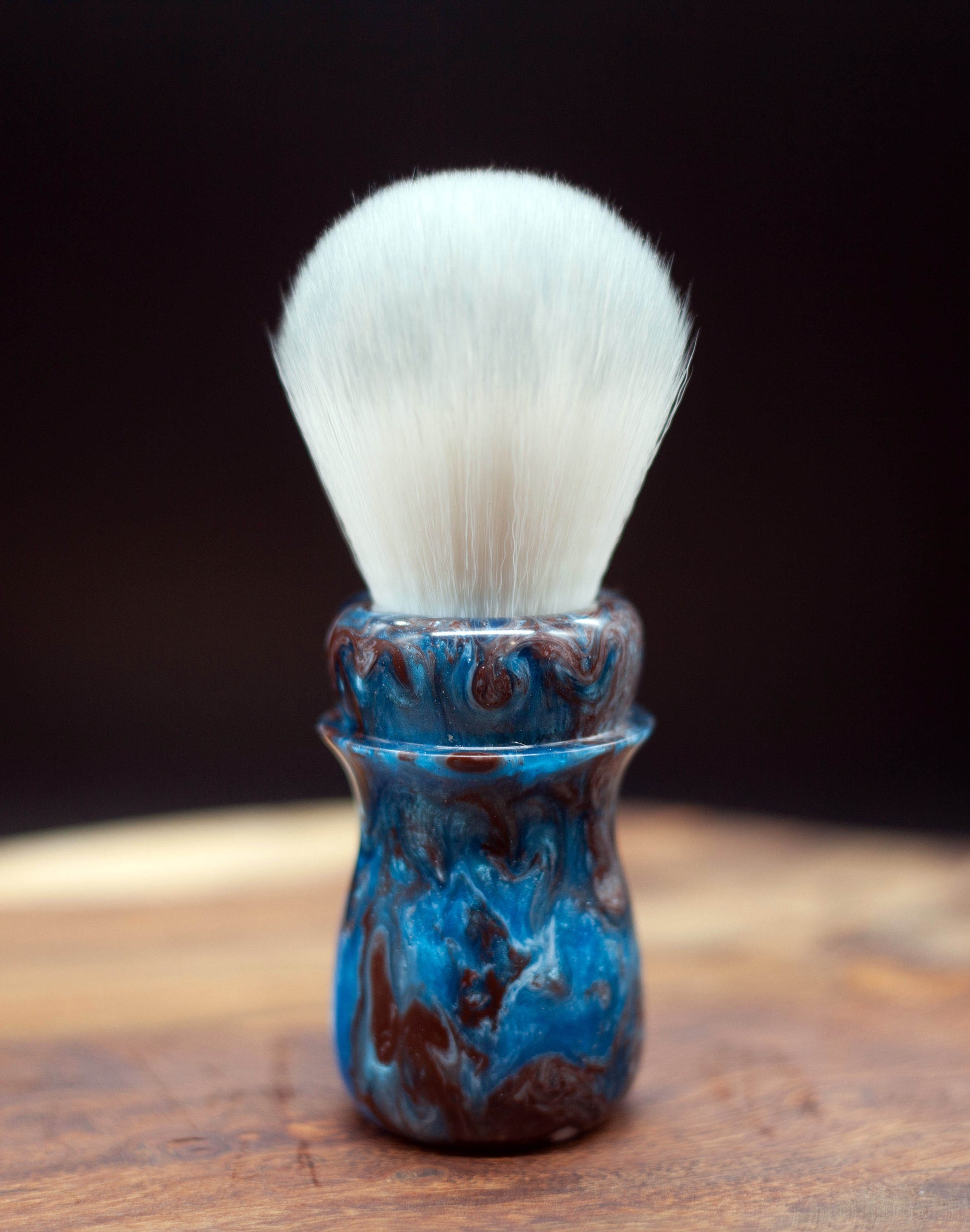 Australian handcrafted from Lupus Rex shaving brush Mountaineer with a blue and brown coloured swirl resin handle shaving brush with synthetic knot