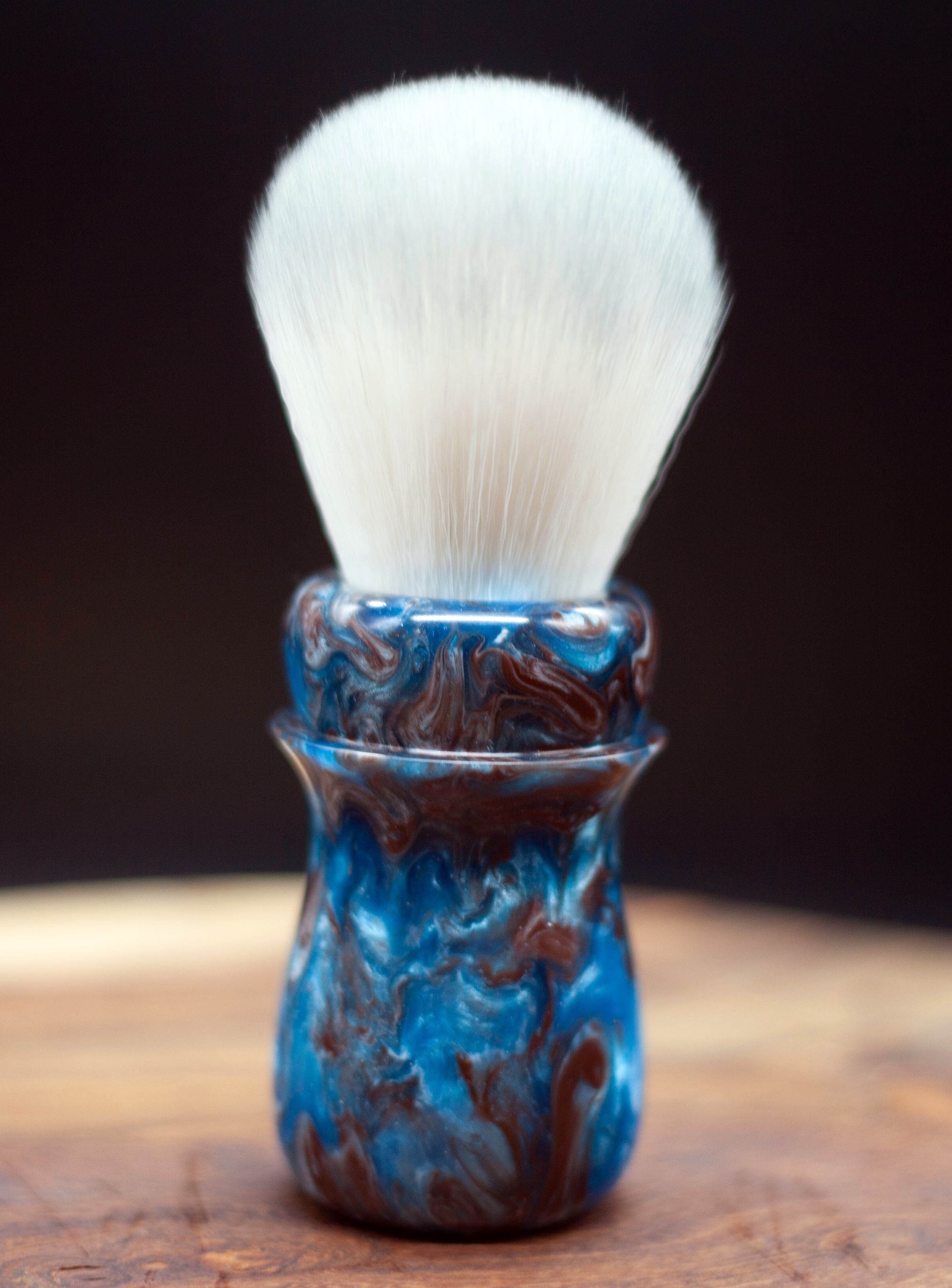 Australian handcrafted from Lupus Rex shaving brush Mountaineer with a blue and brown coloured swirl resin handle shaving brush with synthetic knot