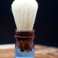 Australian handcrafted from Lupus Rex shaving brush Razorback with a clear blue coloured resin with brown faux timber resin at top with boar hair knot