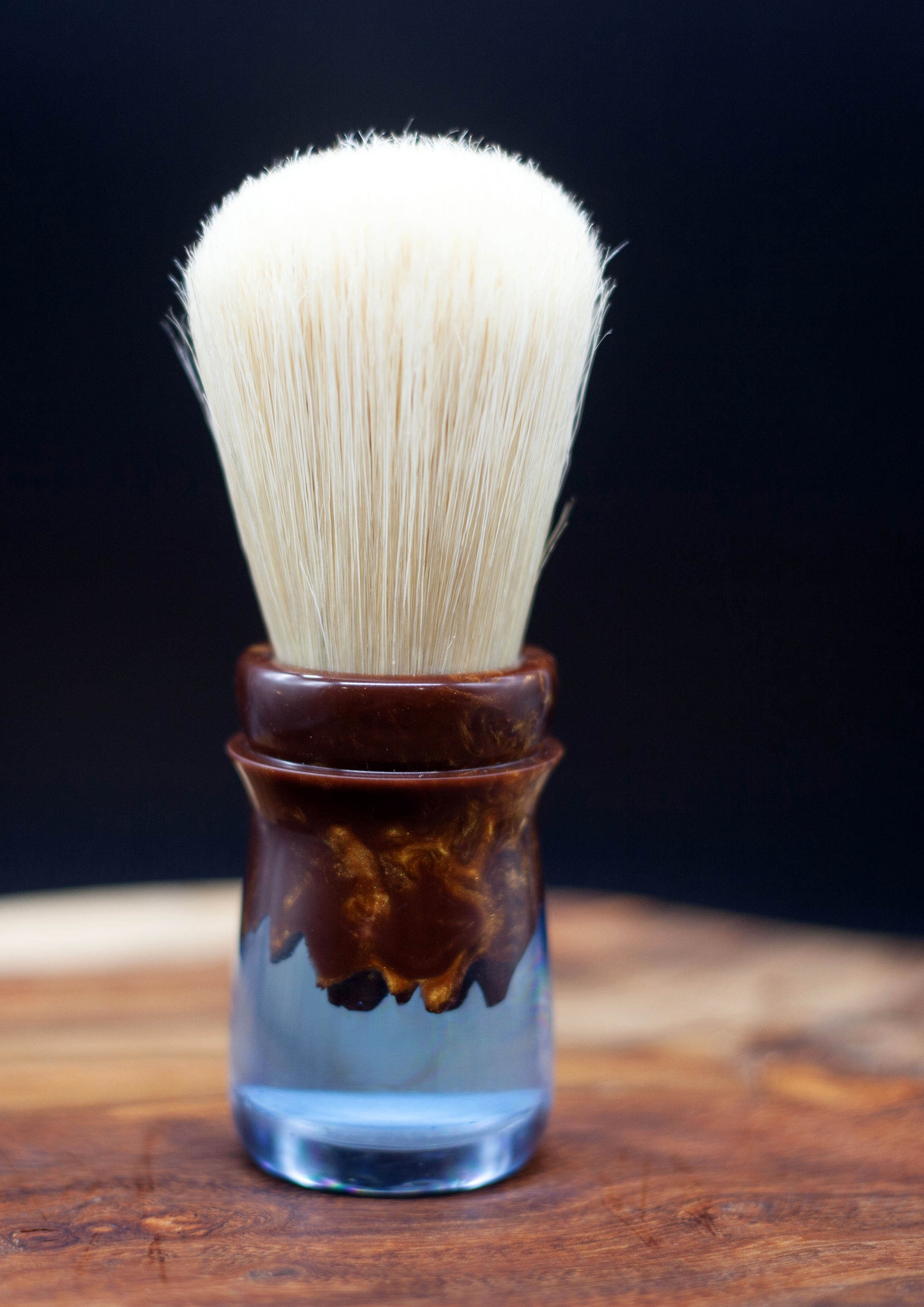 Australian handcrafted from Lupus Rex shaving brush Razorback with a clear blue coloured resin with brown faux timber resin at top with boar hair knot
