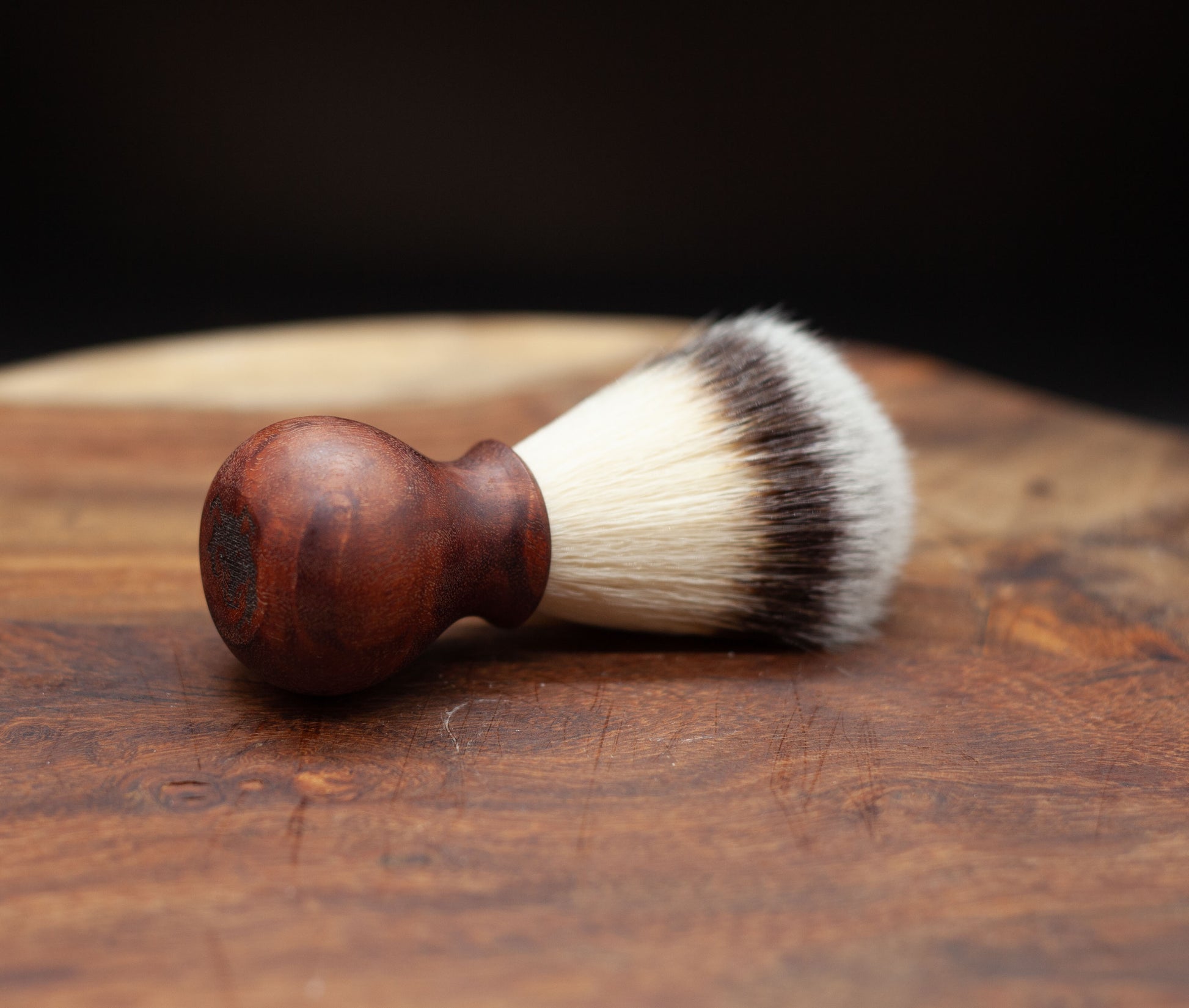 Australian handmade medium to dark brown coloured timber handle Shave brush from Lupus Rex with synthetic knot