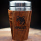 Australian handcrafted mid brown coloured timber exterior travel mug with stainless steel interior. Holds approx. 295ml or 10 oz which is roughly a small to medium at most cafes. Not dishwasher safe. Hand wash only. Don't immerse timber exterior in water. Lupus Rex logo with wolf head branded on  timber